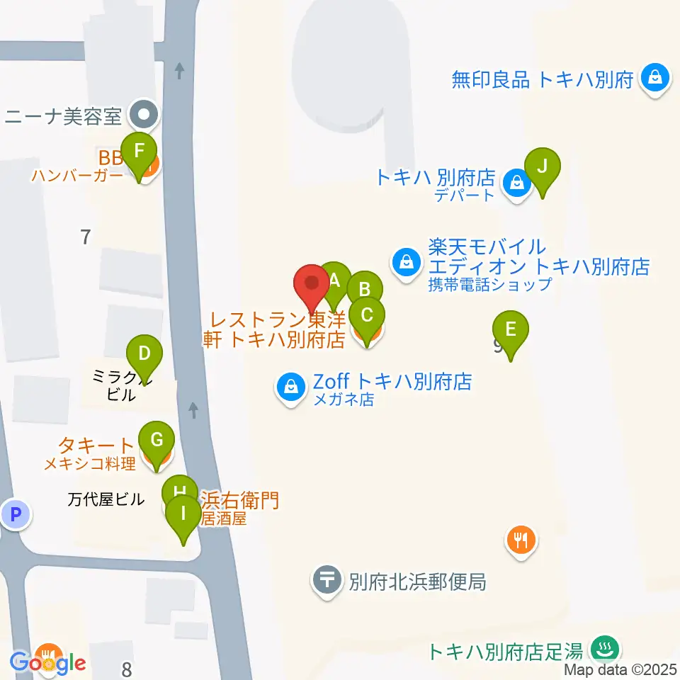 ぶらり劇場別府座周辺のファミレス・ファーストフード一覧地図