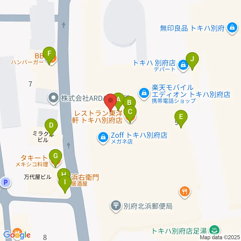ぶらり劇場別府座周辺のファミレス・ファーストフード一覧地図