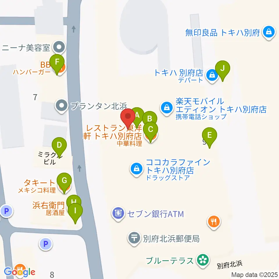 ぶらり劇場別府座周辺のファミレス・ファーストフード一覧地図