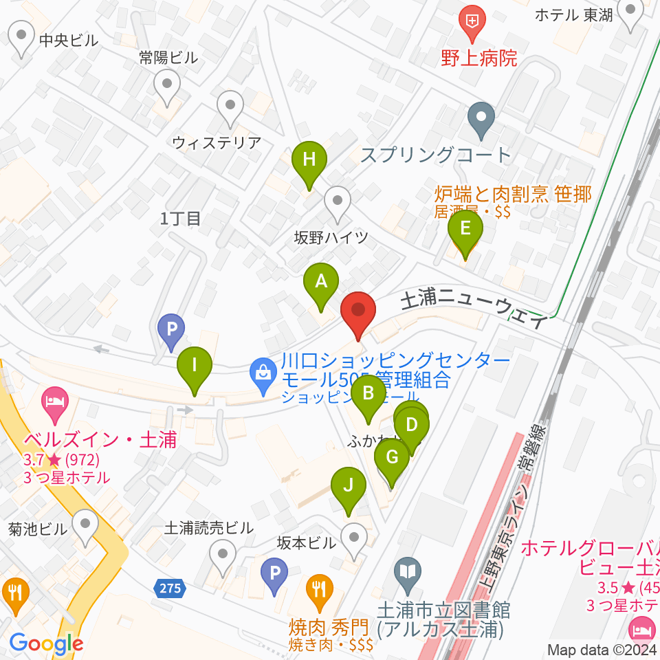 土浦VBOX周辺のファミレス・ファーストフード一覧地図