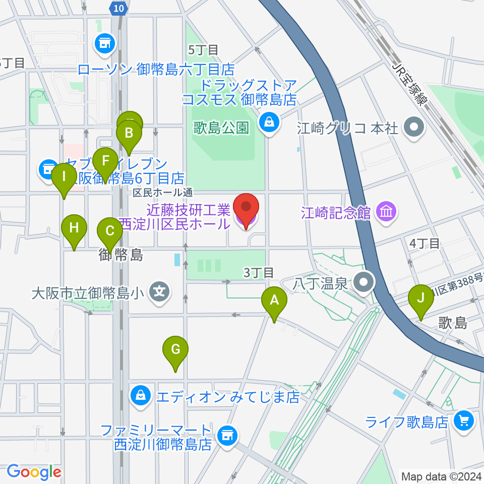 近藤技研工業 西淀川区民ホール周辺のファミレス・ファーストフード一覧地図