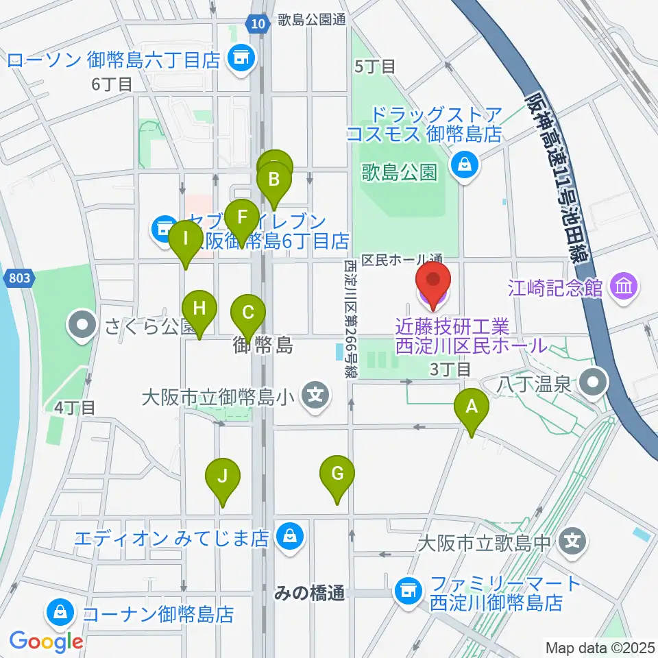 近藤技研工業 西淀川区民ホール周辺のファミレス・ファーストフード一覧地図