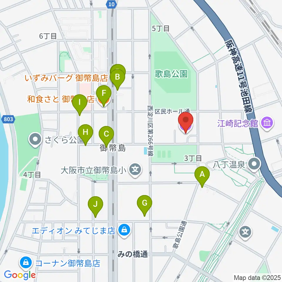 近藤技研工業 西淀川区民ホール周辺のファミレス・ファーストフード一覧地図