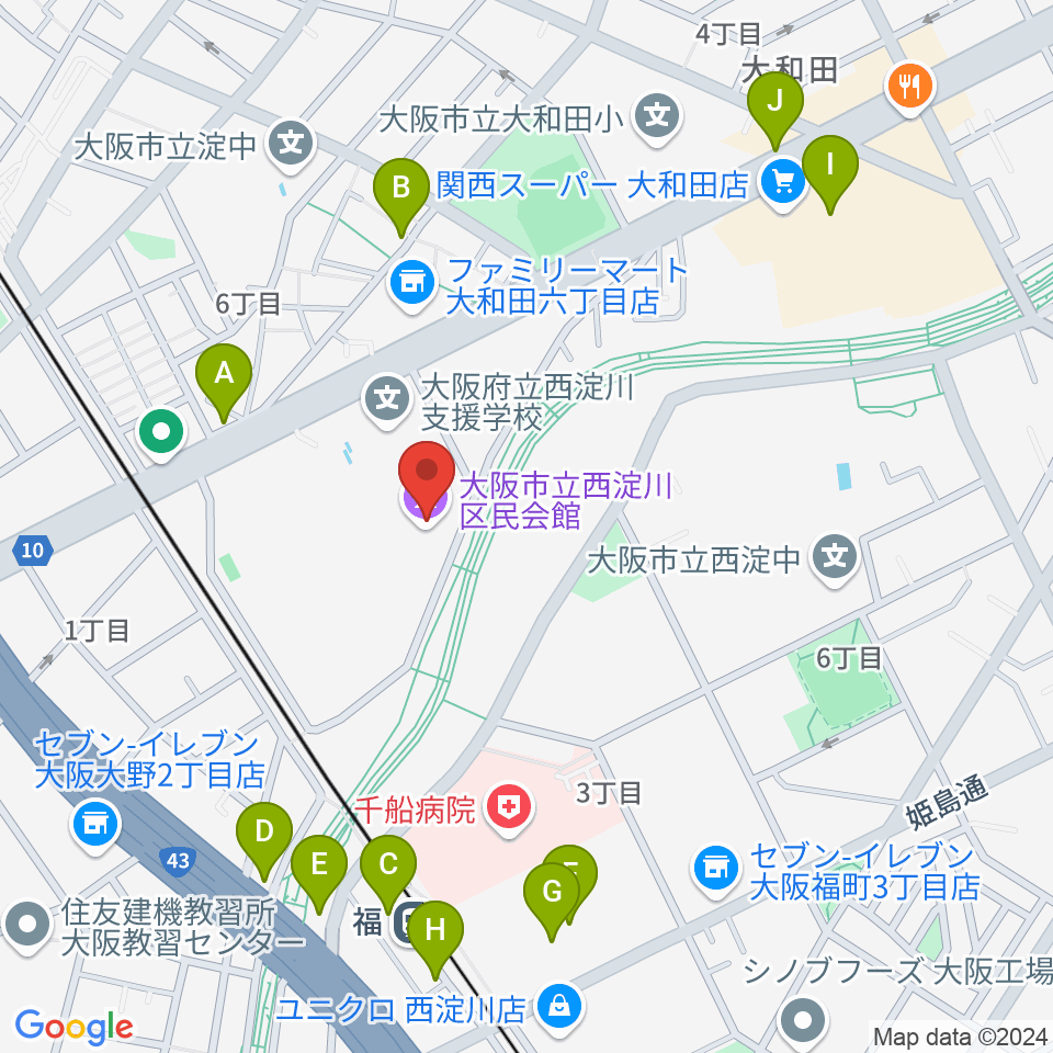 西淀川区民会館（エルモ西淀川）周辺のファミレス・ファーストフード一覧地図