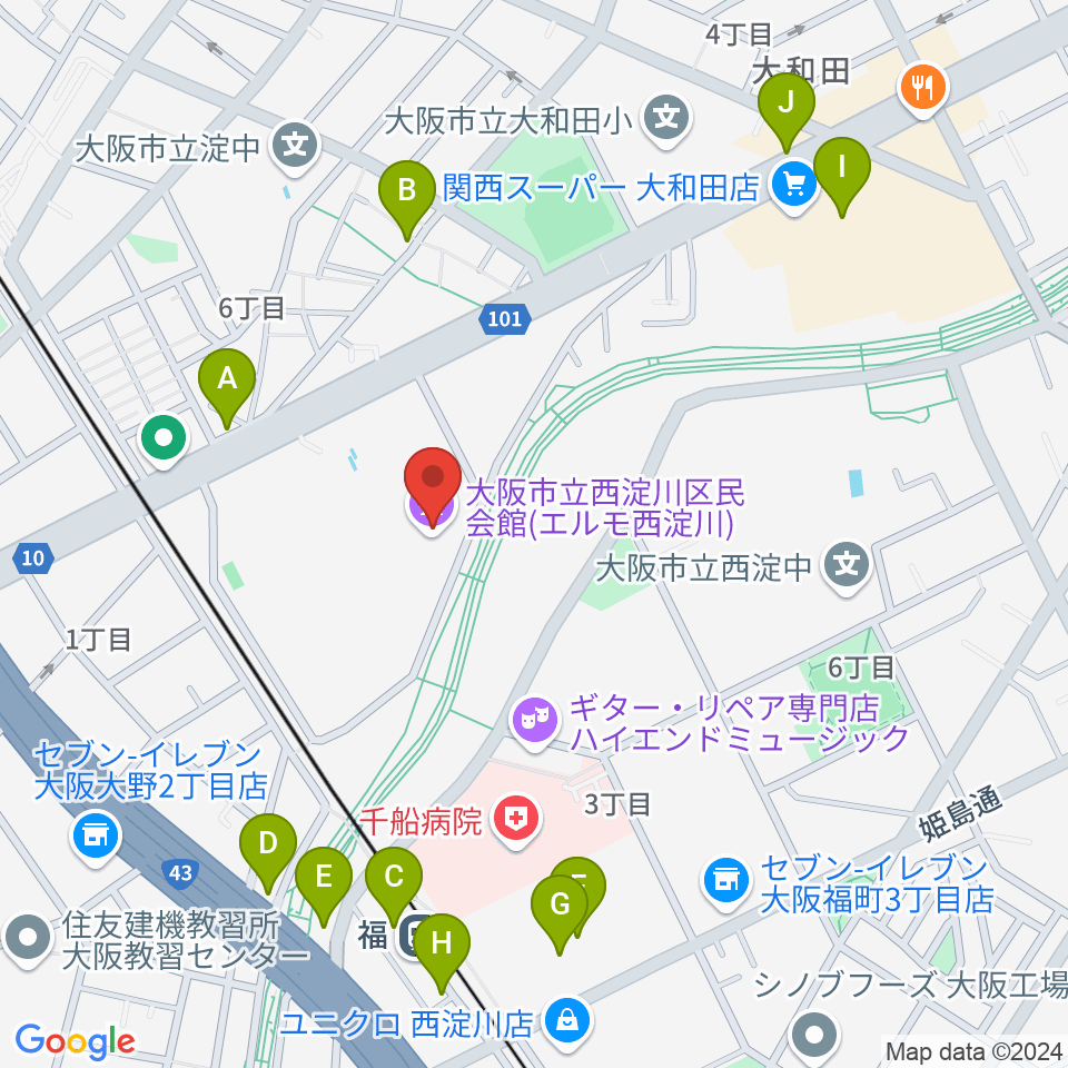 西淀川区民会館（エルモ西淀川）周辺のファミレス・ファーストフード一覧地図