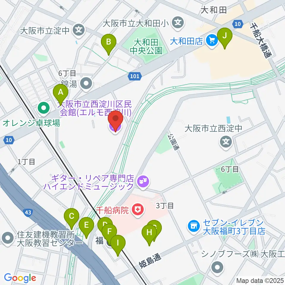 西淀川区民会館（エルモ西淀川）周辺のファミレス・ファーストフード一覧地図