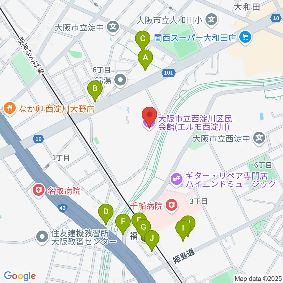 西淀川区民会館（エルモ西淀川）周辺のファミレス・ファーストフード一覧地図