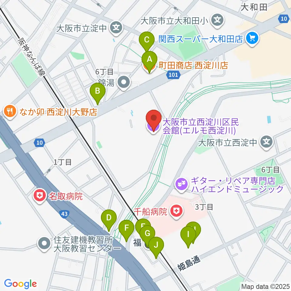 西淀川区民会館（エルモ西淀川）周辺のファミレス・ファーストフード一覧地図