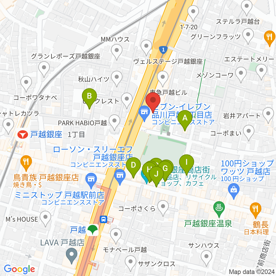 FMしながわ　周辺のファミレス・ファーストフード一覧地図