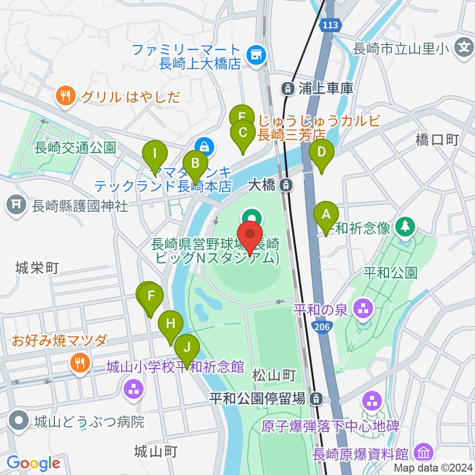 長崎ビッグNスタジアム 長崎県営野球場周辺のファミレス・ファーストフード一覧地図