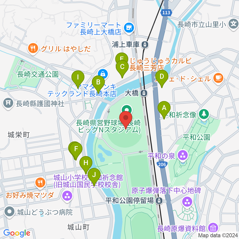 長崎ビッグNスタジアム 長崎県営野球場周辺のファミレス・ファーストフード一覧地図