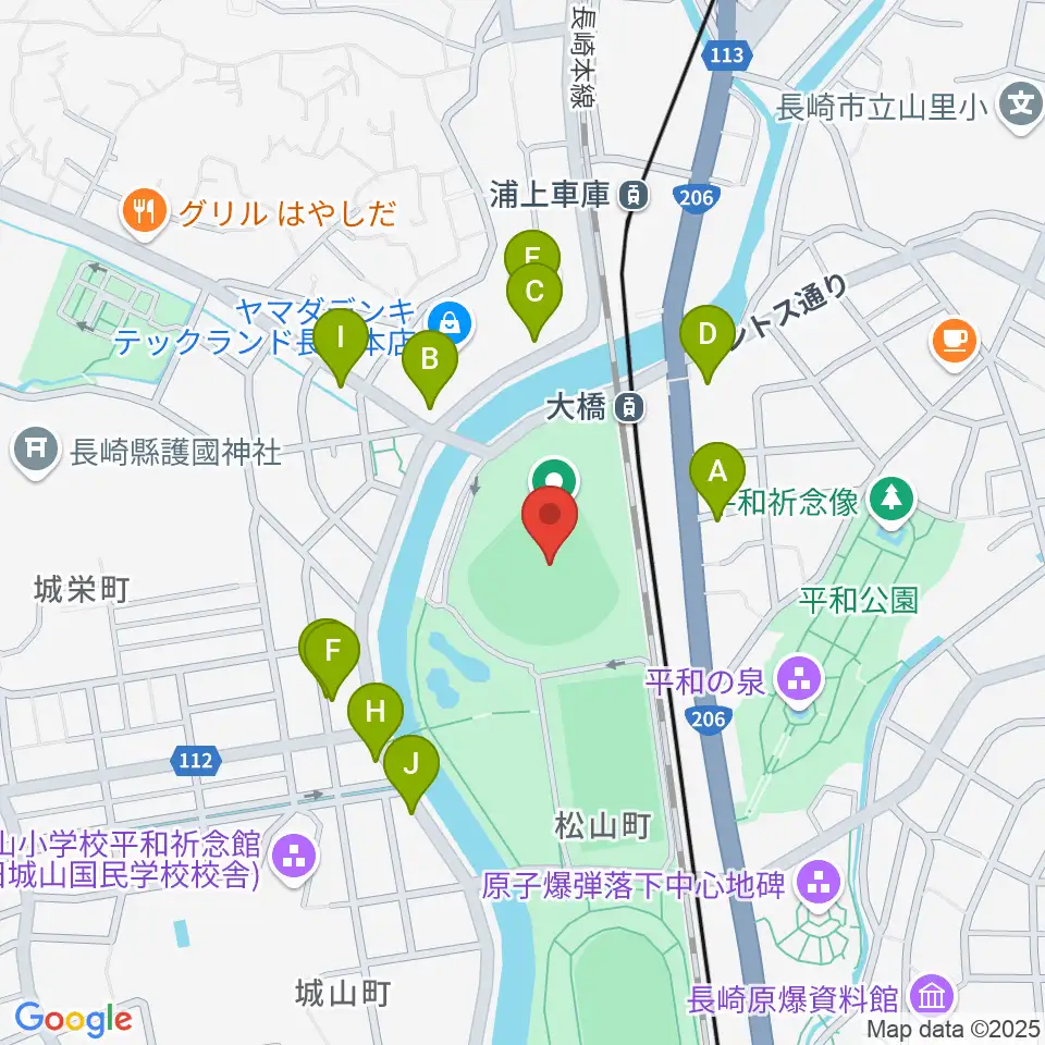 長崎ビッグNスタジアム 長崎県営野球場周辺のファミレス・ファーストフード一覧地図