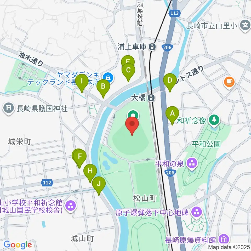 長崎ビッグNスタジアム 長崎県営野球場周辺のファミレス・ファーストフード一覧地図