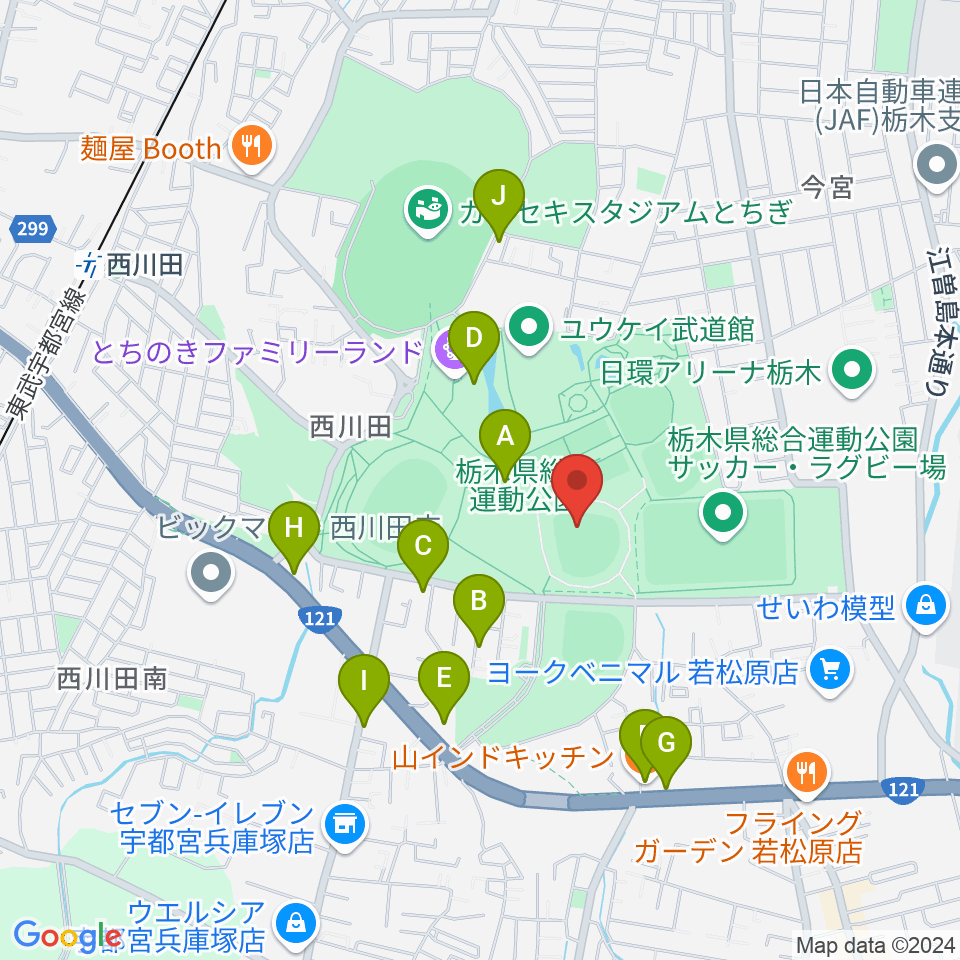 エイジェックスタジアム周辺のファミレス・ファーストフード一覧地図