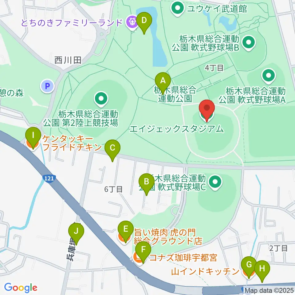 エイジェックスタジアム周辺のファミレス・ファーストフード一覧地図