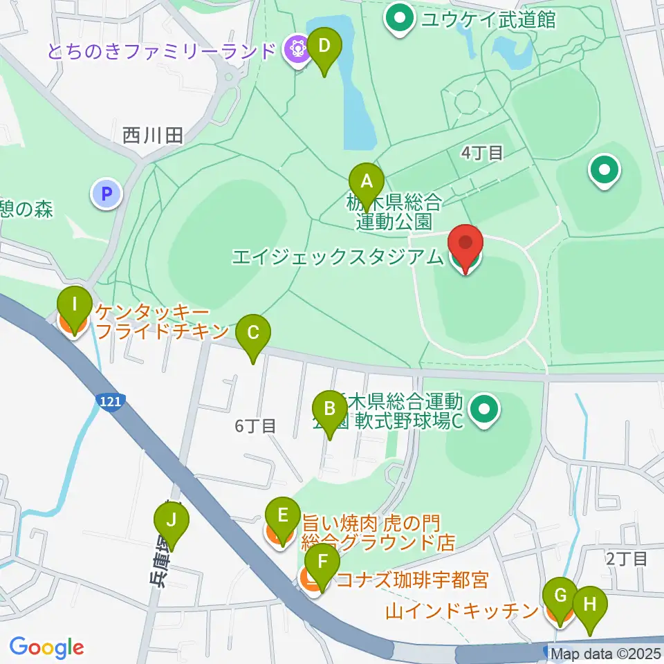 エイジェックスタジアム周辺のファミレス・ファーストフード一覧地図
