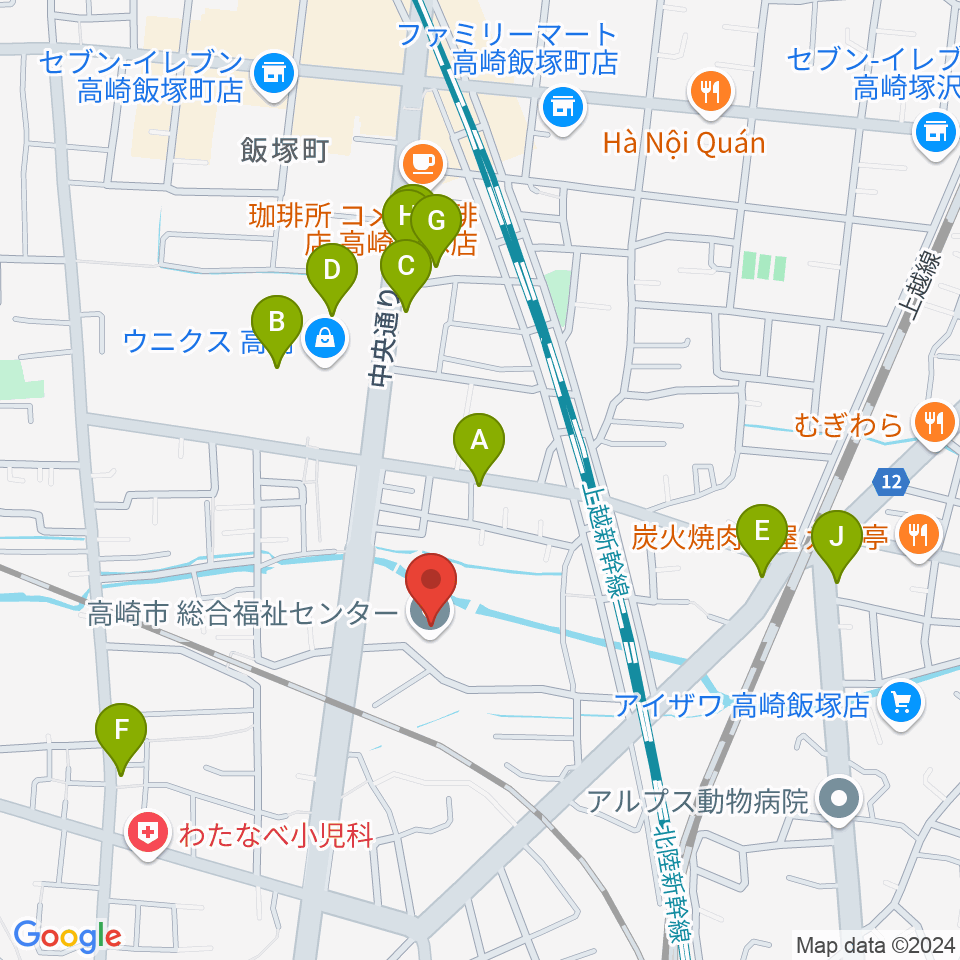 高崎市総合福祉センター周辺のファミレス・ファーストフード一覧地図