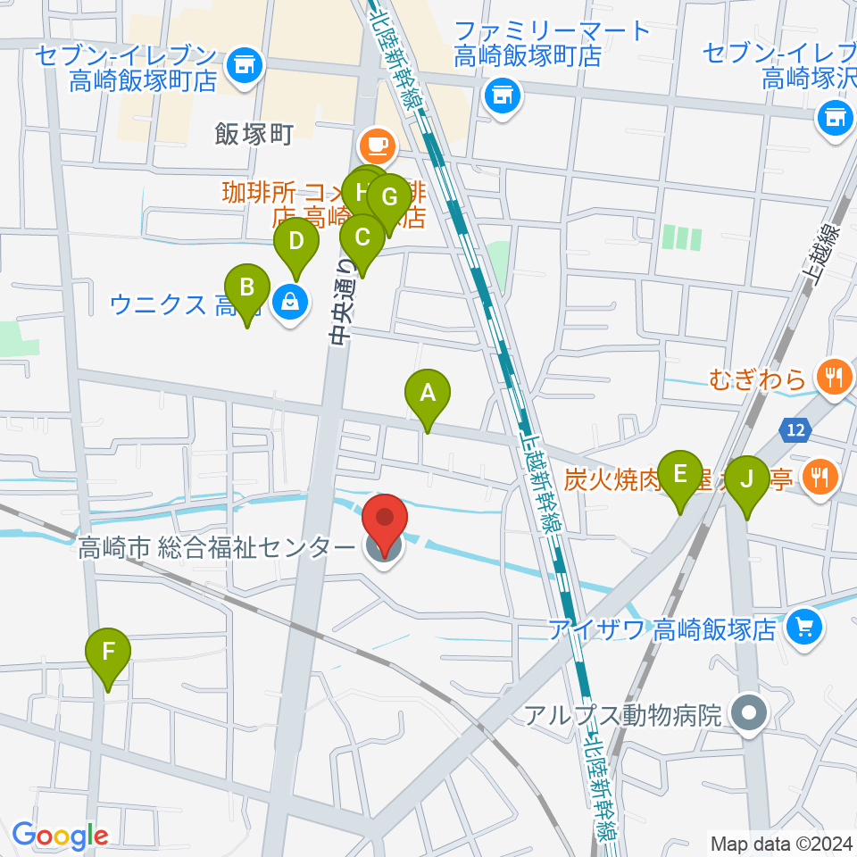 高崎市総合福祉センター周辺のファミレス・ファーストフード一覧地図