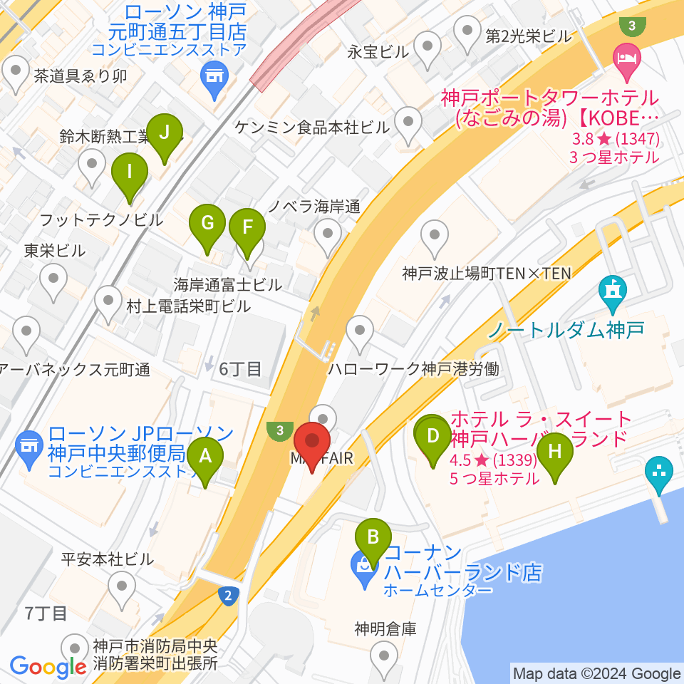 Ｗメリケン波止場周辺のファミレス・ファーストフード一覧地図