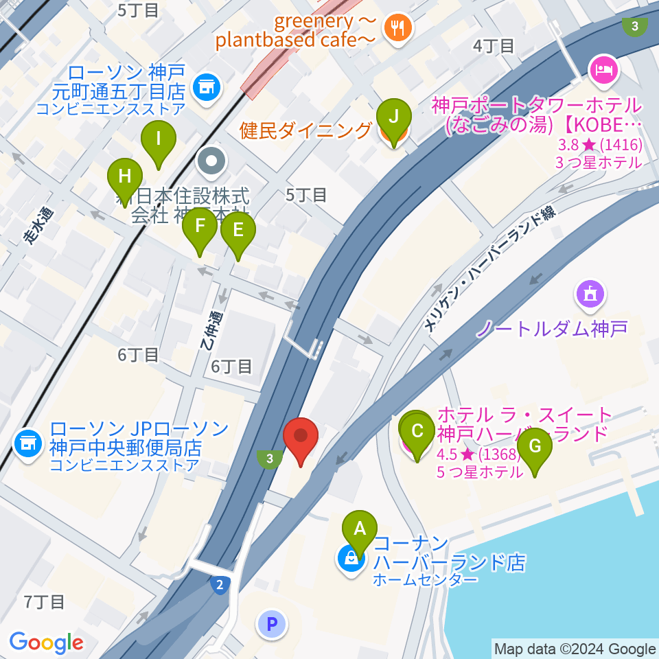 Ｗメリケン波止場周辺のファミレス・ファーストフード一覧地図