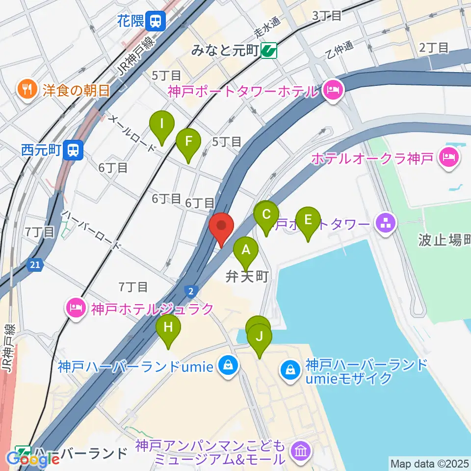 Ｗメリケン波止場周辺のファミレス・ファーストフード一覧地図
