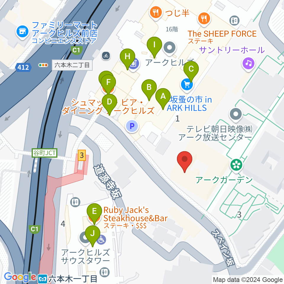 六本木アークヒルズカフェ周辺のファミレス・ファーストフード一覧地図