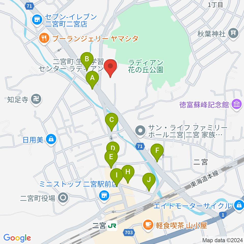 二宮町生涯学習センターラディアン周辺のファミレス・ファーストフード一覧地図