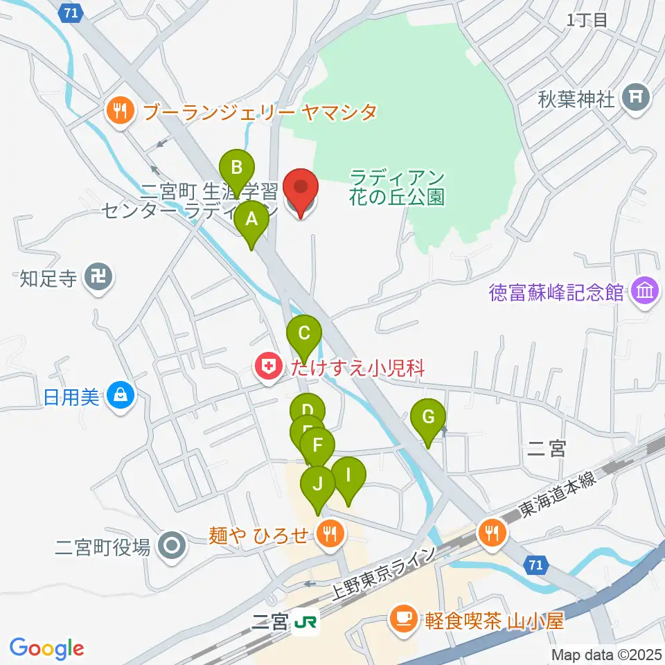 二宮町生涯学習センターラディアン周辺のファミレス・ファーストフード一覧地図