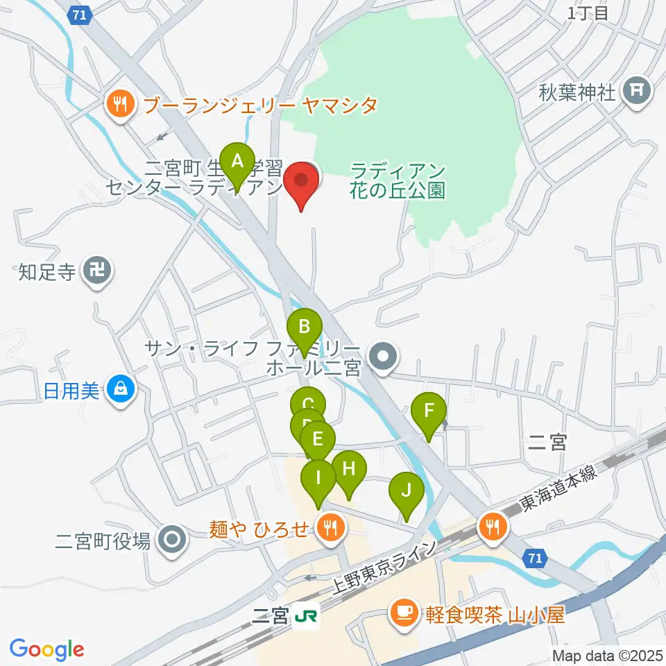 二宮町生涯学習センターラディアン周辺のファミレス・ファーストフード一覧地図