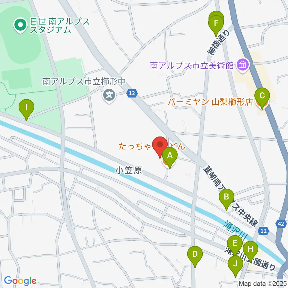 南アルプス市櫛形生涯学習センター周辺のファミレス・ファーストフード一覧地図
