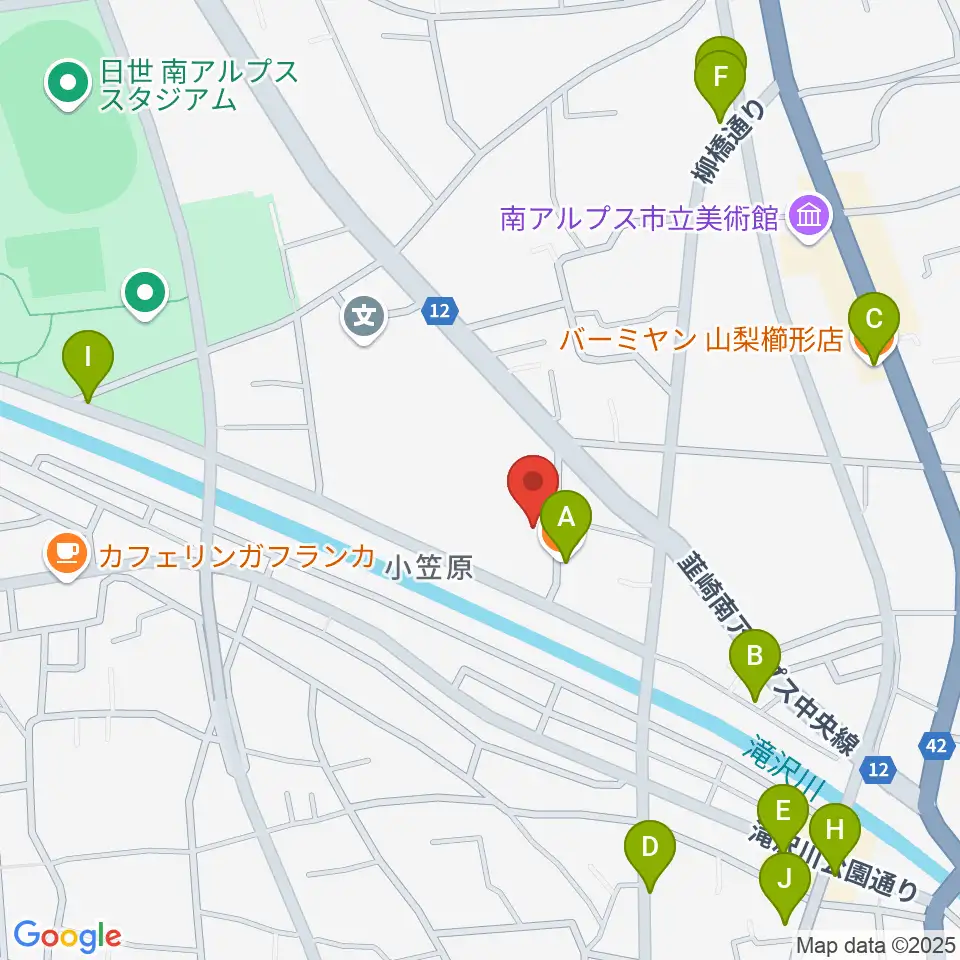 南アルプス市櫛形生涯学習センター周辺のファミレス・ファーストフード一覧地図