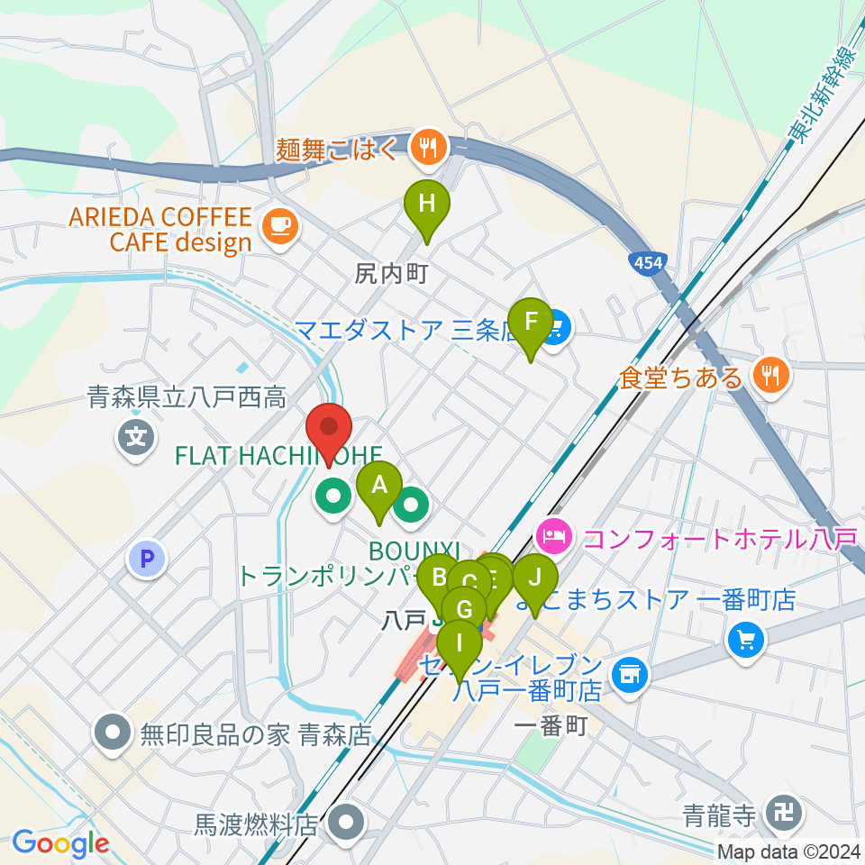 フラット八戸周辺のファミレス・ファーストフード一覧地図