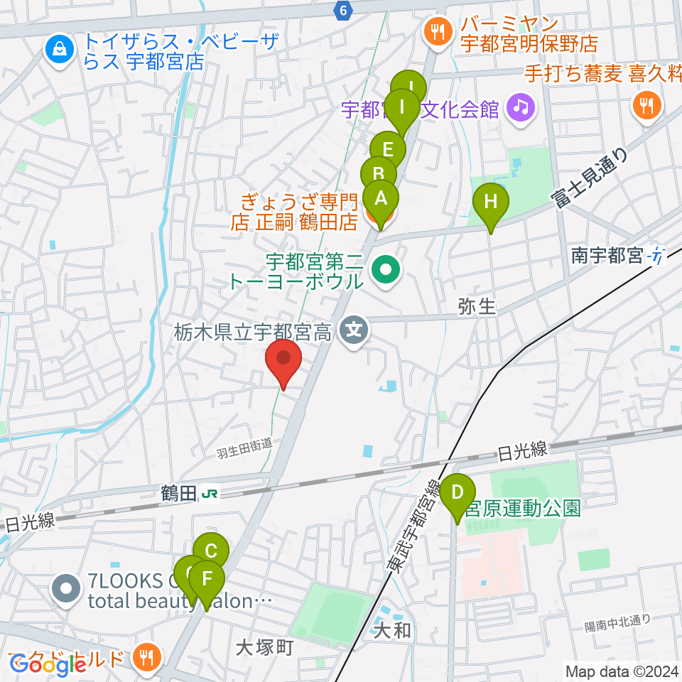 オオノ楽器 宇都宮店周辺のファミレス・ファーストフード一覧地図