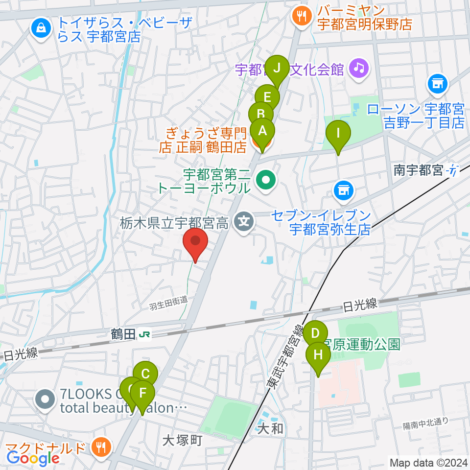 オオノ楽器 宇都宮店周辺のファミレス・ファーストフード一覧地図