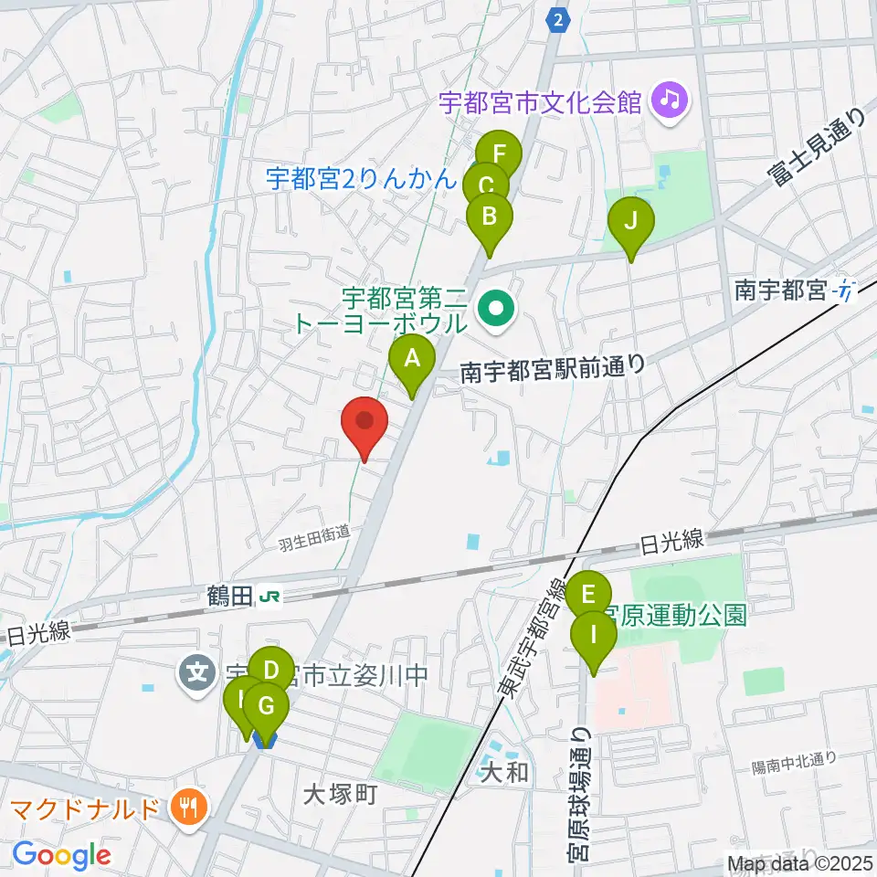 オオノ楽器 宇都宮店周辺のファミレス・ファーストフード一覧地図