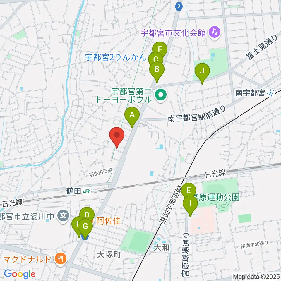 オオノ楽器 宇都宮店周辺のファミレス・ファーストフード一覧地図