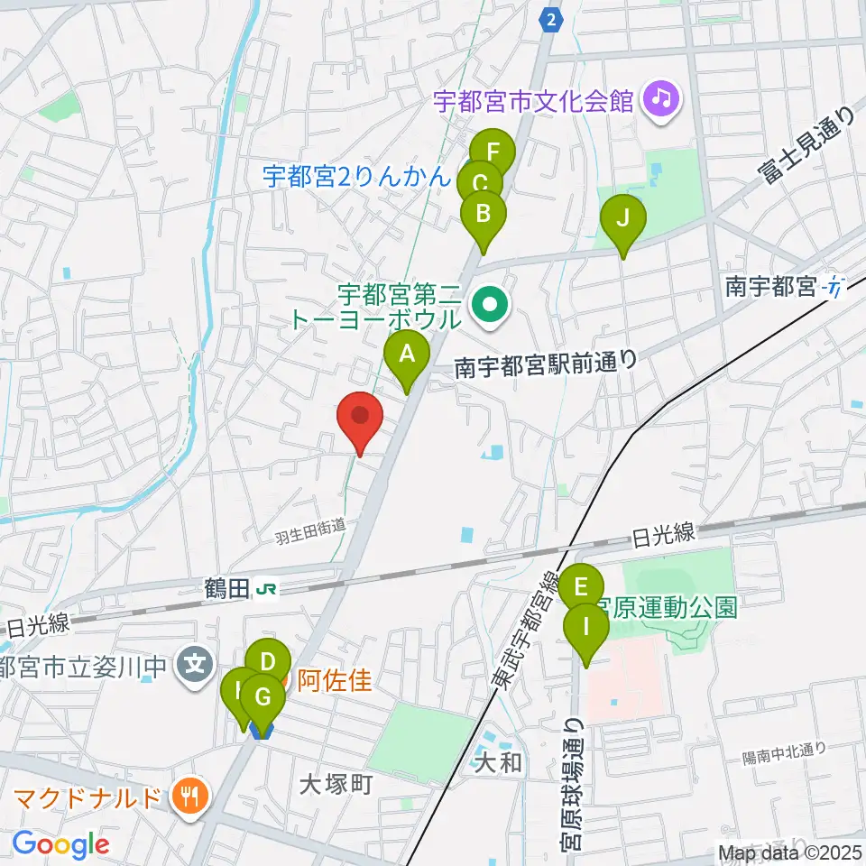 オオノ楽器 宇都宮店周辺のファミレス・ファーストフード一覧地図