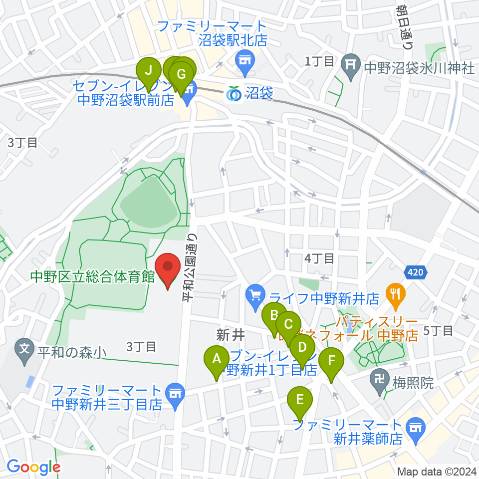 中野区立総合体育館周辺のファミレス・ファーストフード一覧地図