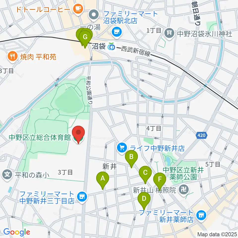 中野区立総合体育館周辺のファミレス・ファーストフード一覧地図
