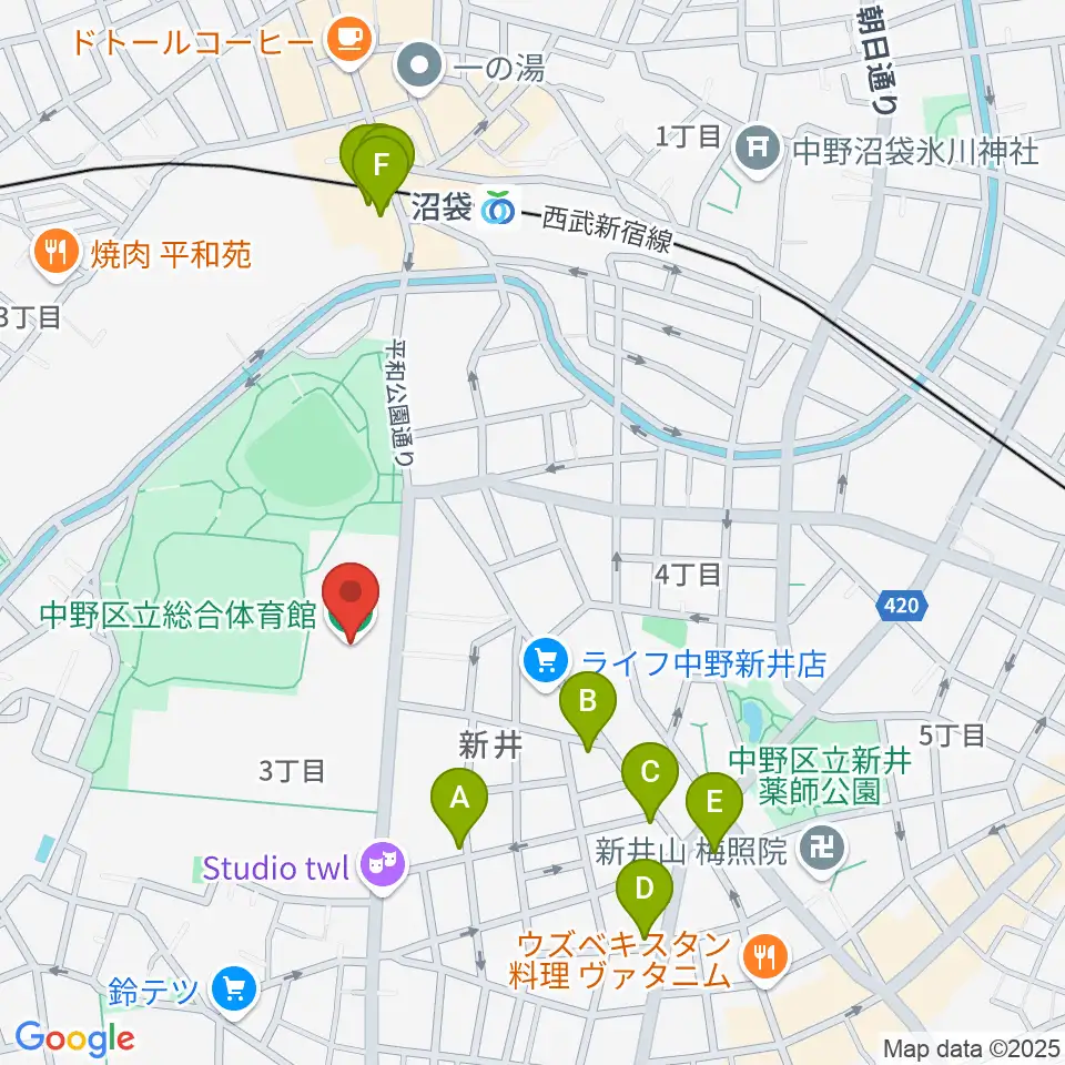 中野区立総合体育館周辺のファミレス・ファーストフード一覧地図