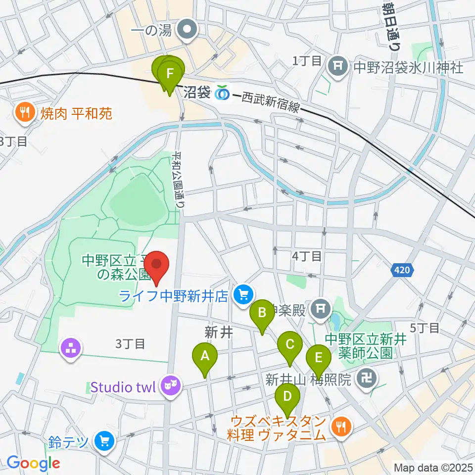 中野区立総合体育館周辺のファミレス・ファーストフード一覧地図