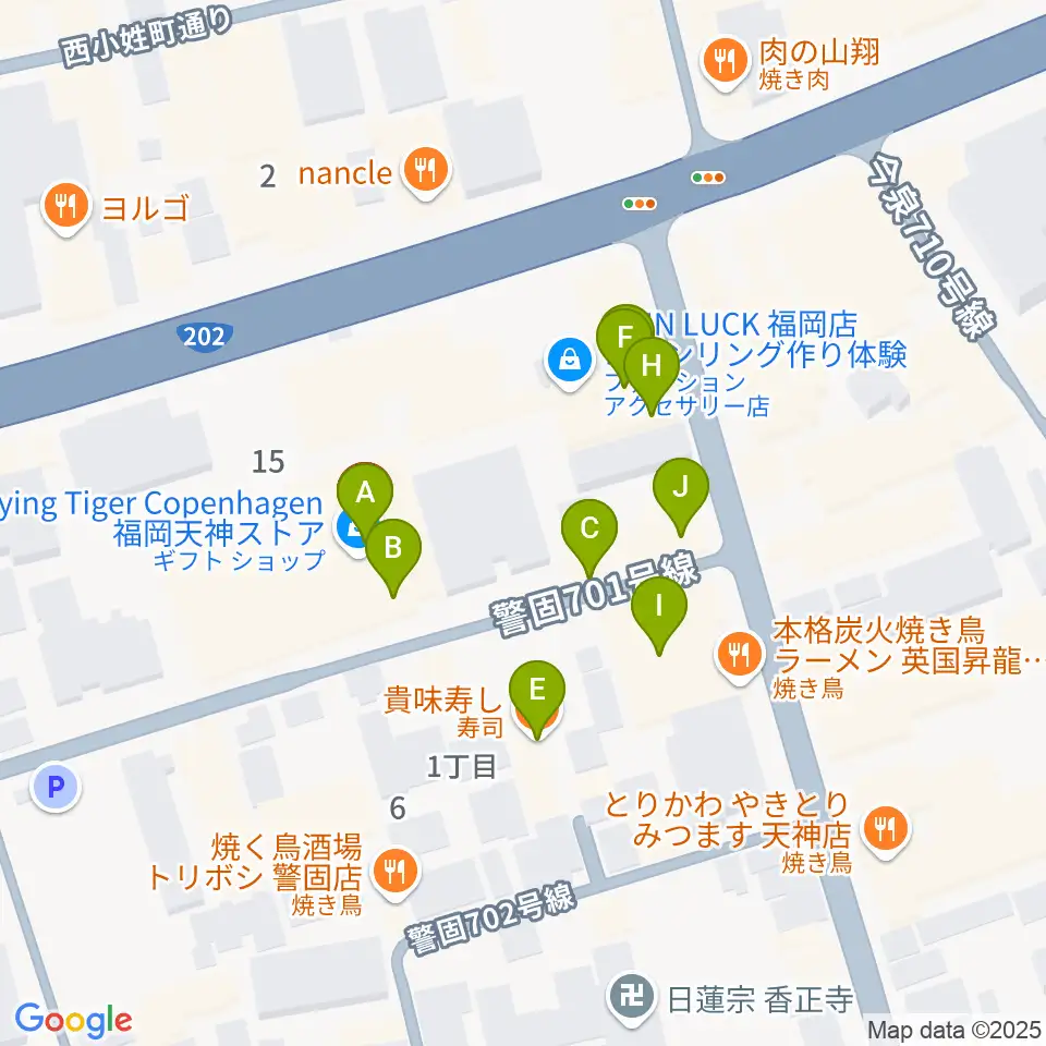 キノシネマ天神周辺のファミレス・ファーストフード一覧地図