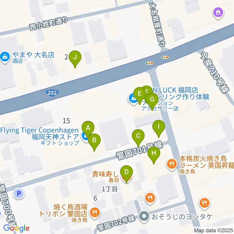 キノシネマ天神周辺のファミレス・ファーストフード一覧地図
