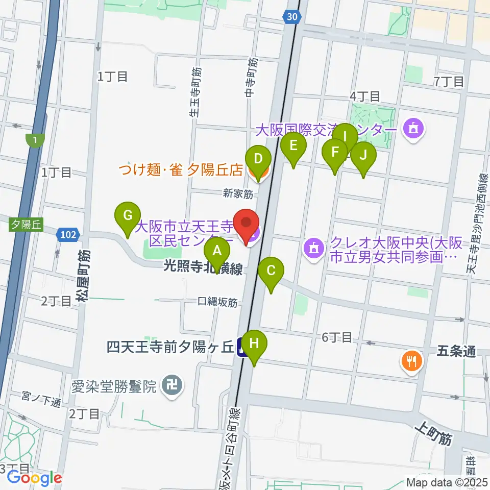 天王寺区民センター周辺のファミレス・ファーストフード一覧地図