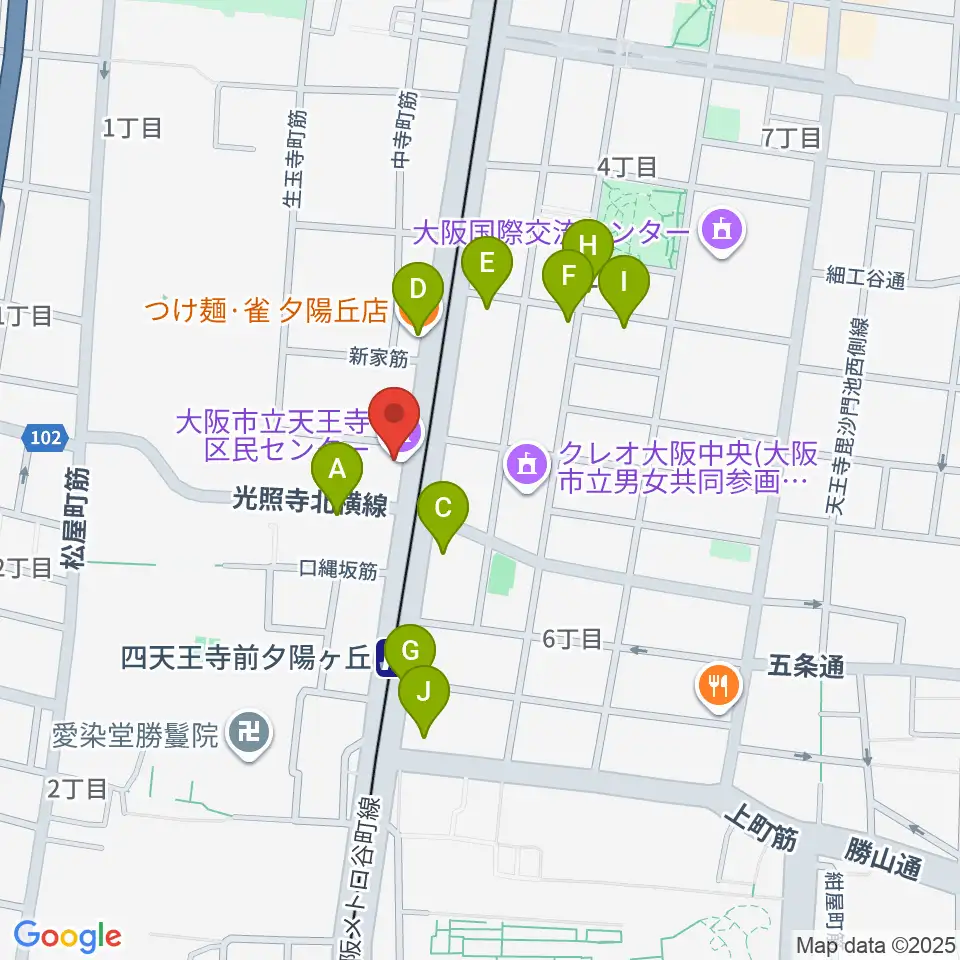 天王寺区民センター周辺のファミレス・ファーストフード一覧地図