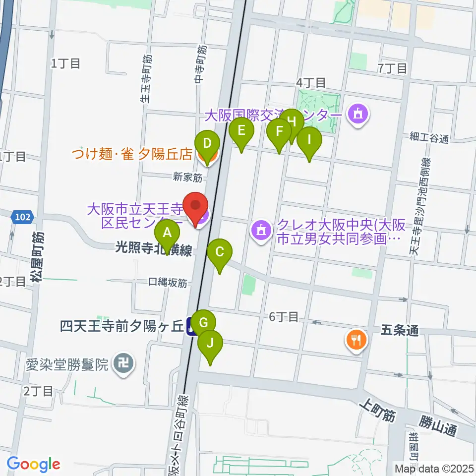 天王寺区民センター周辺のファミレス・ファーストフード一覧地図