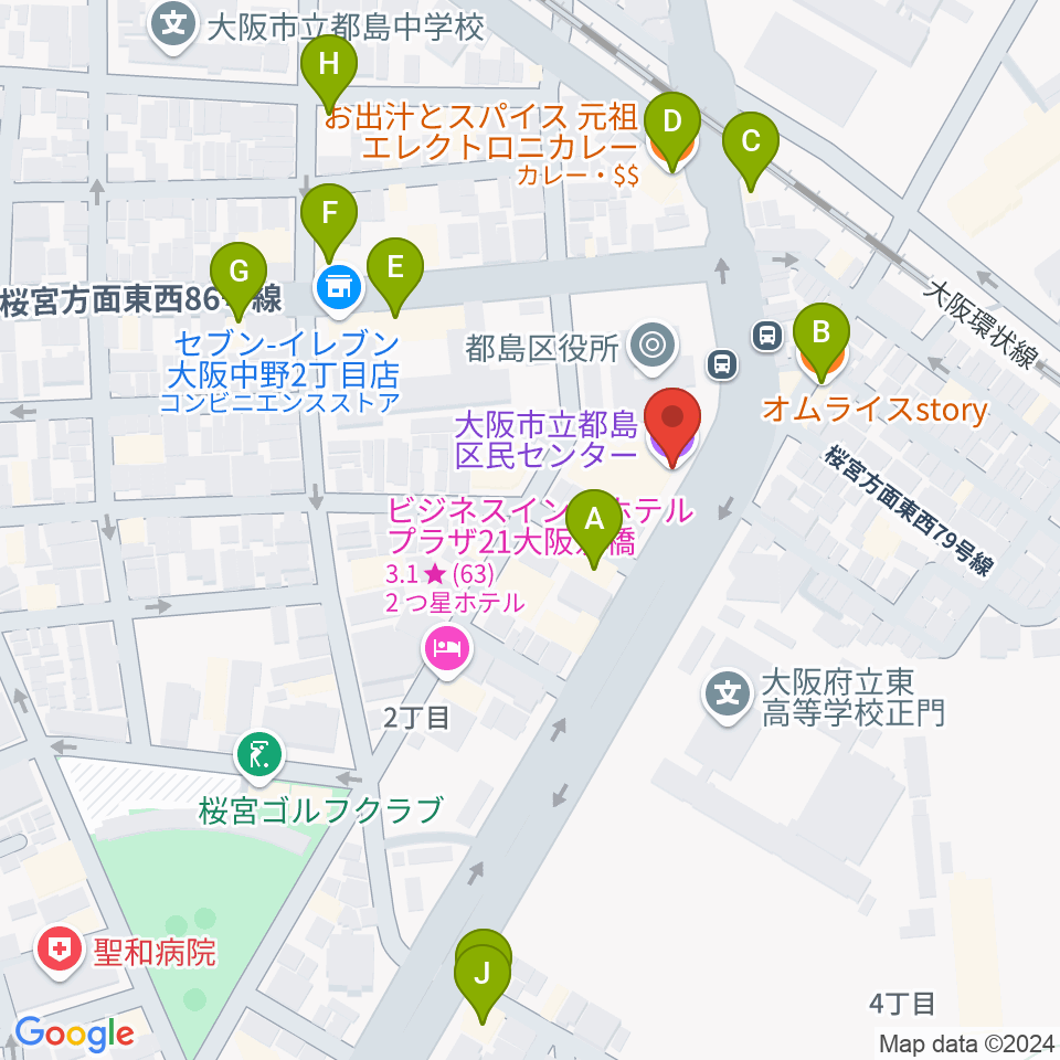 まるよし精肉店 都島区民センター周辺のファミレス・ファーストフード一覧地図