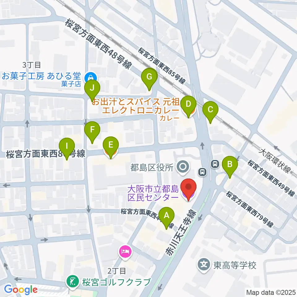 まるよし精肉店 都島区民センター周辺のファミレス・ファーストフード一覧地図