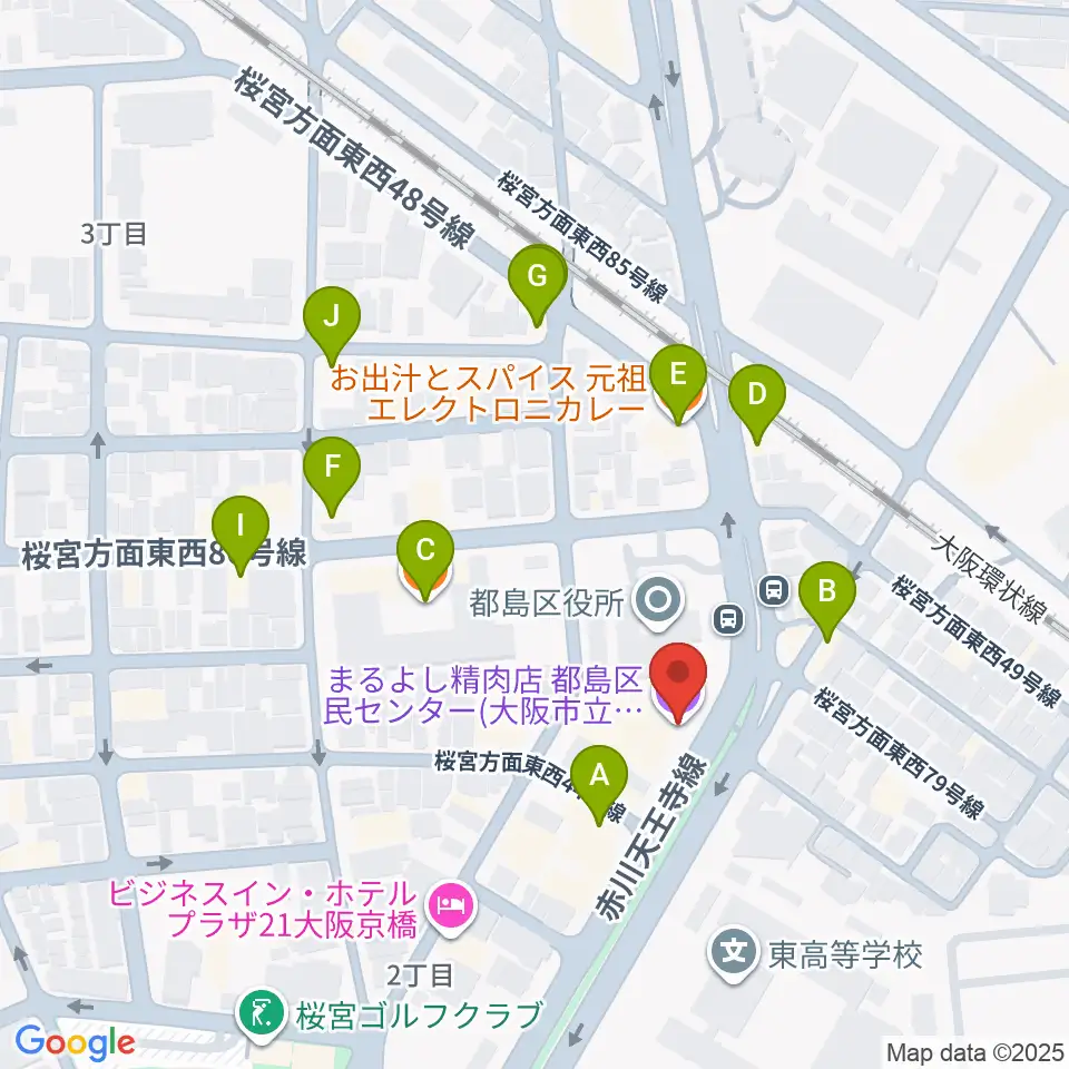 まるよし精肉店 都島区民センター周辺のファミレス・ファーストフード一覧地図