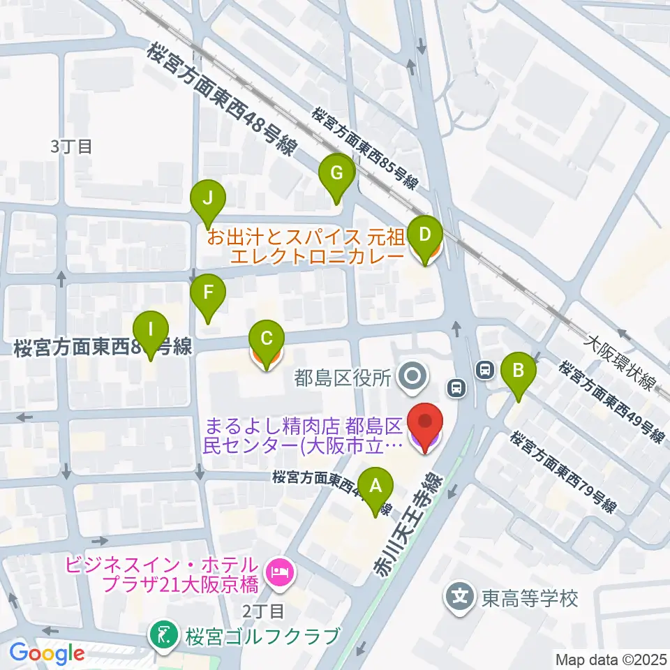 まるよし精肉店 都島区民センター周辺のファミレス・ファーストフード一覧地図